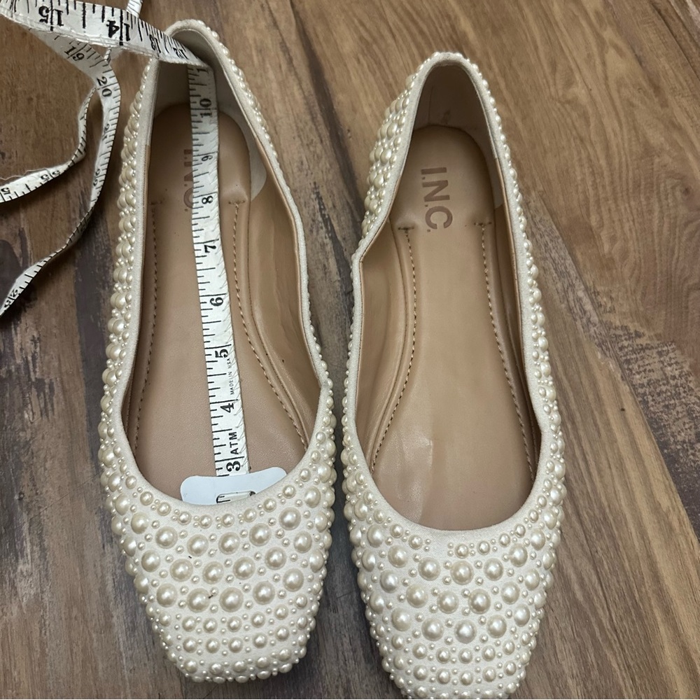 Cream Off White Pearl Beaded Square Toe Ballet Flats - Picture 8 of 8
